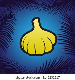Garlic simple sign. Vector. Golden icon with black contour at blue background with branches of palm trees.