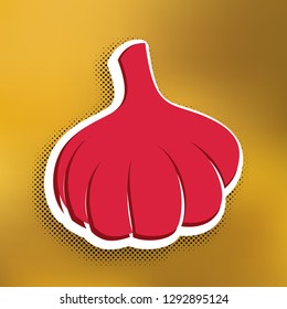 Garlic simple sign. Vector. Magenta icon with darker shadow, white sticker and black popart shadow on golden background.