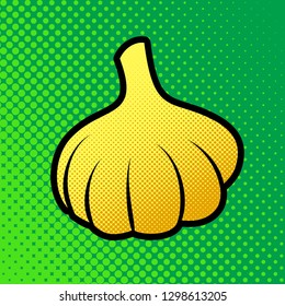 Garlic simple sign. Vector. Pop art orange to yellow dots-gradient icon with black contour at greenish background.