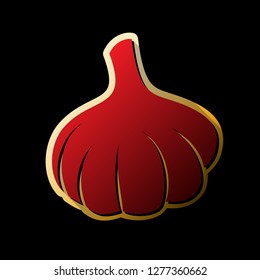 Garlic simple sign. Vector. Red icon with small black and limitless shadows at golden sticker on black background.