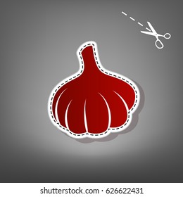 Garlic simple sign. Vector. Red icon with for applique from paper with shadow on gray background with scissors.