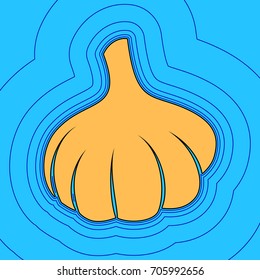 Garlic simple sign. Vector. Sand color icon with black contour and equidistant blue contours like field at sky blue background. Like waves on map - island in ocean or sea.