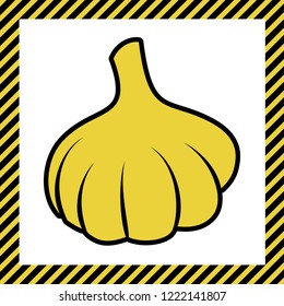 Garlic simple sign. Vector. Warm yellow icon with black contour in frame named as under construction at white background. Isolated.