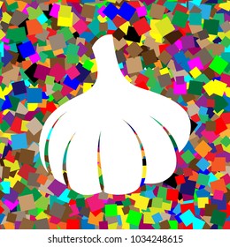 Garlic simple sign. Vector. White icon on colorful background with seamless pattern from squares.