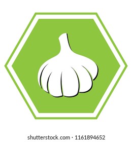 Garlic simple sign. Vector. White icon with black shadow at yellow green honeycomb on white background.