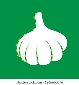 Garlic simple sign. Vector. White flat icon with yellow striped shadow at green background.