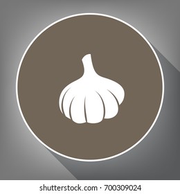 Garlic simple sign. Vector. White icon on brown circle with white contour and long shadow at gray background. Like top view on postament.