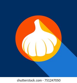 Garlic simple sign. Vector. White icon on tangelo circle with infinite shadow of light at cool black background. Selective yellow and bright navy blue are produced.