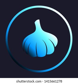 Garlic simple sign. White, cyan and blue gradient icon as round button in white shell at dark blue background. Illustration.