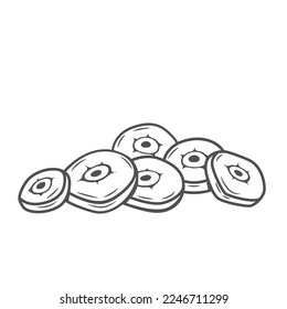 Garlic slices line icon vector illustration. Hand drawn outline peeled fresh garlic cloves cut into round pieces and slices for cooking spicy dish, chopped spice vegetable and raw food ingredient