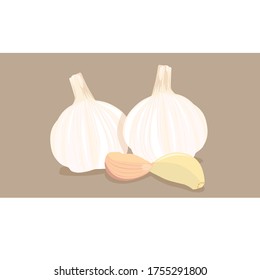 Garlic and slices on vector brown background