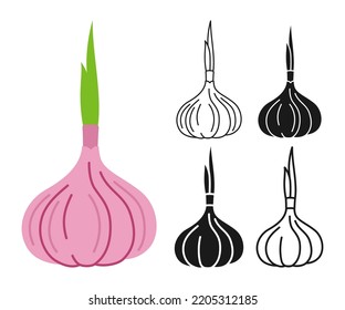 Garlic spice cartoon linear symbol set, doodle style, engraving silhouette. Fresh spicy condiment vegetable icon. Nutrition organic healthy food design. Ingredient kitchen, farm market vector