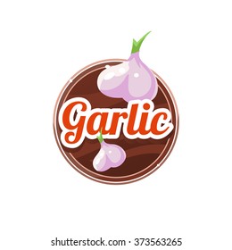 Garlic Spice. Decorative Vector Illustration Stickers with wooden texture and names of spices