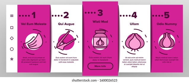 Garlic Spicy Vegetable Onboarding Mobile App Page Screen Vector. Smell From Mouth And Garlic Press, Organic Plant And Bottle With Spice Illustrations