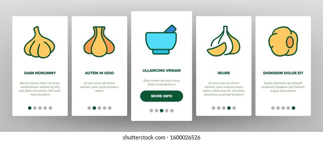 Garlic Spicy Vegetable Onboarding Mobile App Page Screen Vector. Smell From Mouth And Garlic Press, Organic Plant And Bottle With Spice Illustrations