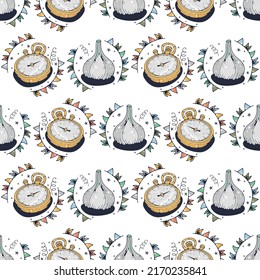 Garlic and Stopwatch. Seamless pattern on a white background. Cute vector illustration.