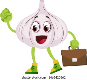 Knoblauch mit Koffer, Illustration, Vektorgrafik auf weißem Hintergrund.
