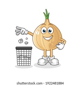 garlic Throw garbage in trash can mascot. cartoon vector