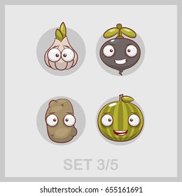 Garlic, turnips, potatoes, watermelon. A set of funny vegetables. Vector illustration on a theme of vegetables in the cartoon style.