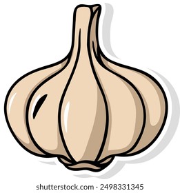 Etiqueta engomada del icono del Vector de ajo. Ilustración vectorial De Pegatina De Ajo En Estilo Doodle. Ajo aislado sobre fondo blanco.