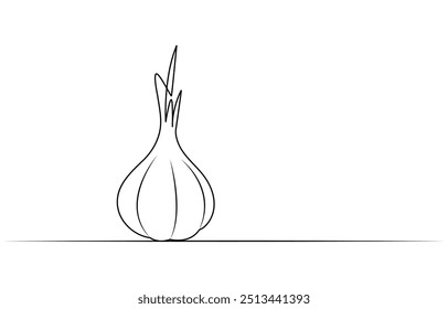 Ilustração de vetor de alho, fundo. Ilustração de arte de desenho de uma linha com letras de alho orgânico. Desenho de uma linha de alho