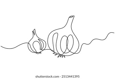 Ilustração de vetor de alho, fundo. Ilustração de arte de desenho de uma linha com letras de alho orgânico. Desenho de uma linha de alho