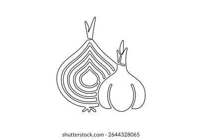 Garlic vector illustration, background. One line drawing art illustration with lettering,  one line drawing two whole healthy freshness organic bulb onion for harvesting logo identity. 