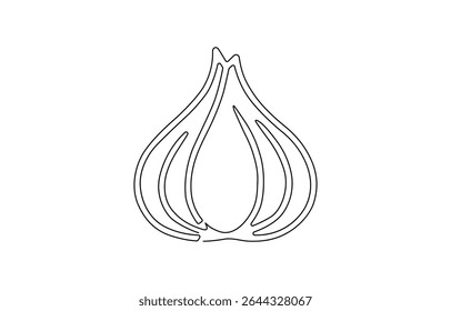 Garlic vector illustration, background. One line drawing art illustration with lettering,  one line drawing two whole healthy freshness organic bulb onion for harvesting logo identity. 