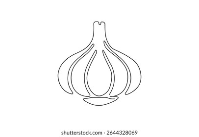 Garlic vector illustration, background. One line drawing art illustration with lettering,  one line drawing two whole healthy freshness organic bulb onion for harvesting logo identity. 