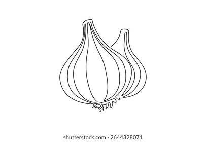 Garlic vector illustration, background. One line drawing art illustration with lettering,  one line drawing two whole healthy freshness organic bulb onion for harvesting logo identity. 