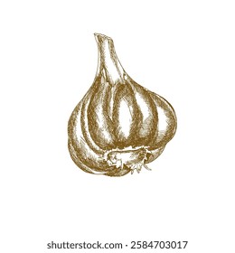 Garlic vector illustration. Hand drawn monochrome spicy vegetable clipart, fresh vegan painting for sauce product packing, menu, vegetarian cafe wallpaper design