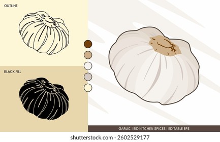Garlic vector illustration in outline, black fill, and colored styles. Perfect for Eid kitchen spices, food packaging, and digital designs. Editable EPS format for seamless customization.