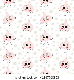Garlic, vector seamless pattern with cute cartoon vegetable characters on dotted background