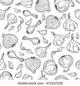 Garlic vector seamless pattern. Hand drawn background. Food ingredient sketch. 