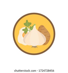 Garlic vegetable soup vector illustration icon. Root vegetable garlic broth, stock with potatoes, egg and parsley cute round label. Isolated.
