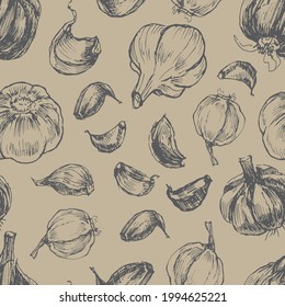 Garlic Vegetables Vector Graphics. Sketch Doodle Illustration Hand Drawn Print Textile. Vintage Retro Patern Seamless Set Clipart Spicy Condiments Foods