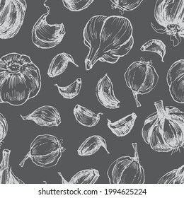 garlic vegetables vector graphics. Sketch doodle illustration hand drawn print textile. Vintage retro patern seamless set clipart spicy condiments foods