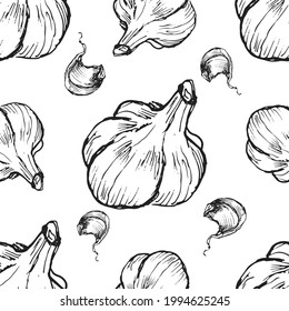 garlic vegetables vector graphics. Sketch doodle illustration hand drawn print textile. Vintage retro patern seamless set clipart spicy condiments foods