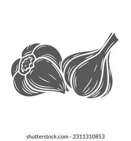 Garlic whole bulbs glyph icon vector illustration. Stamp of garlic heads pile with cloves and peel, fresh aromatic vitamin vegetable and food ingredient for cooking spicy meal, organic healthy spice