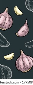 Knoblauch Ganzkopf und Nelke. Vektorfarbe und monochrome Vintage-Gravur einzeln auf dunklem Hintergrund. Handgezeichnetes Design-Element für vertikales Vorlagenmenü, Poster, Flyer, Banner.