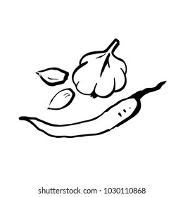 Garlick and pepper. Black isolated illustration of spicy ingredients. Vector doodle art for food package or magazine article
