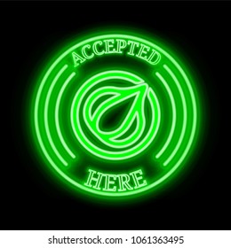 Garlicoin (GRLC) green  neon cryptocurrency symbol in round frame with text "Accepted here". Vector illustration isolated on black background