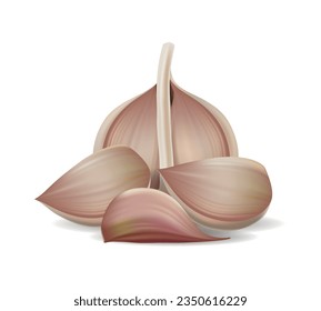 Garlics composition. Realistic fresh garlic head and cloves 3d vector illustration, garlice vegetable kitchen tasty bulb natural seasoning for cooking isolated on white background