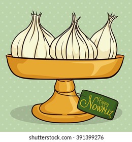 Garlics or Seer in Haft Seen for Nowruz tradition with a greeting card for this holiday.