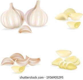 Garlics set. Cartoon flat style of fresh farm market organic product. Whole garlic bulbs, peeled whole and chopped sliced cloves. Group and single. Isolated on white. Organic food.