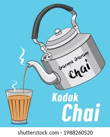 Garma Garam Kadak Chai (Indian Tea Glass) with Tea Pot pouring vector illustration of popular indian beverage