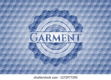 Garment blue emblem with geometric background.