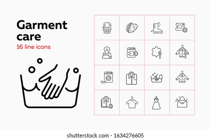 Garment Care Line Icon Set. Overcoat, Boot, Clothes, Leather. Guide Concept. Can Be Used For Topics Like Warning, Hand Washing, Dry Cleaning