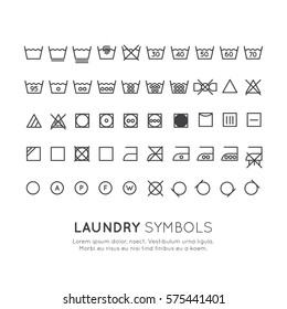 Garment Care Symbols Set. The Symbols On The Labels Of Clothes Washing, Wringing, Drying, Ironing, Thin Line Design. Conventional Linear Signs