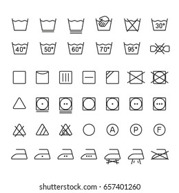 Garment Care Symbols: Thin Monochrome Icon Set, Black And White Kit